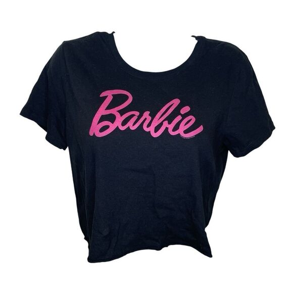 Mattel Barbie Cropped Crew Neck T-shirt Black With Barbie in Pink Writing Small - Picture 1 of 9